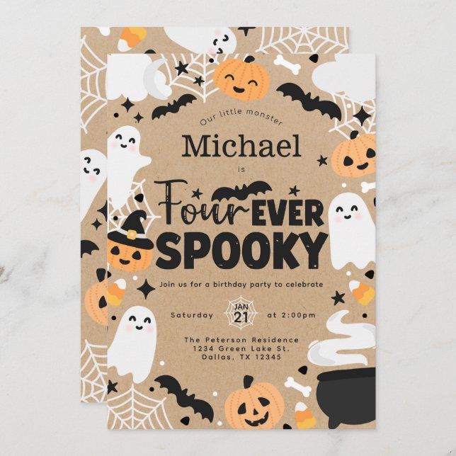 Invitation Halloween Ghost Pumpkin 4th Birthday Party (Devant / Derrière)