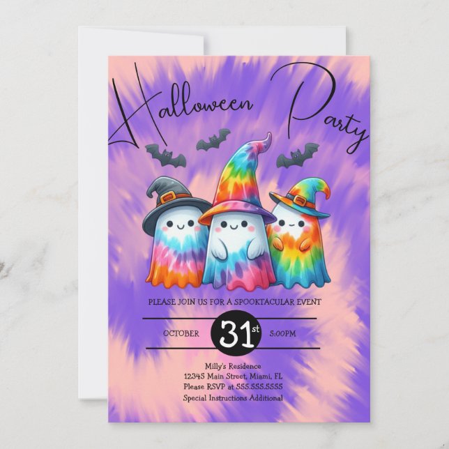 Invitation Halloween Ghost Trio Party Tie Dye Main tirée (Devant)