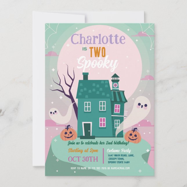 Invitation Halloween Girls 2ème Deux Fantômes Maison Party Ha (Devant)