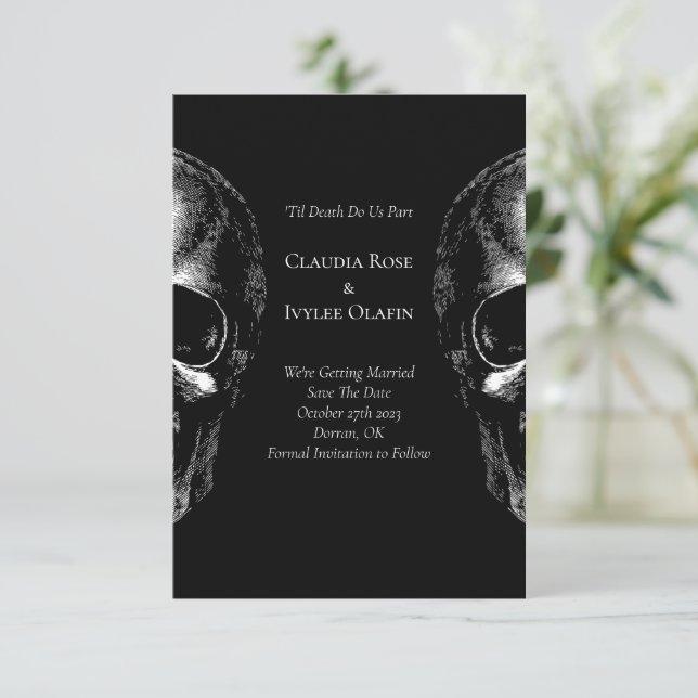 Invitation Halloween gothique crâne Mariage Enregistrer les c (Debout devant)