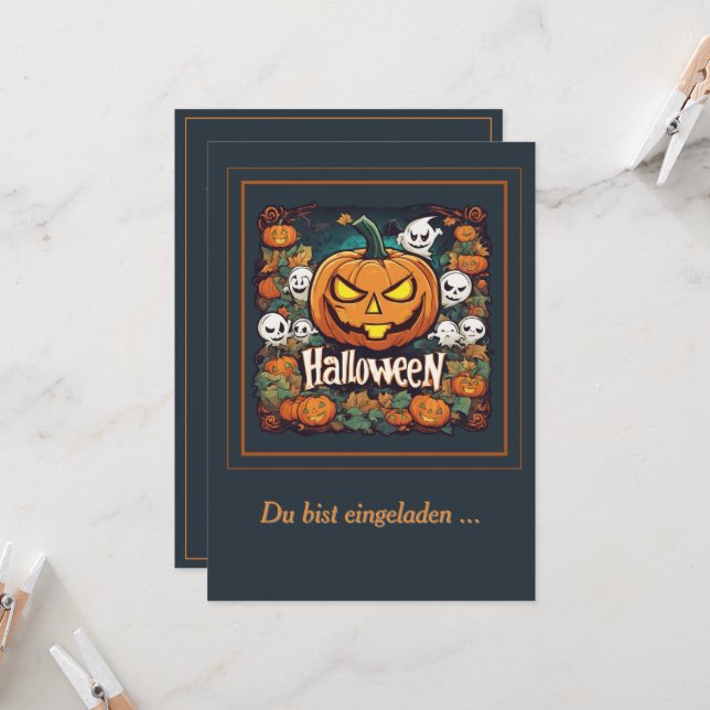 Invitation Halloween : grosse citrouille (Devant/Arrière en situation)
