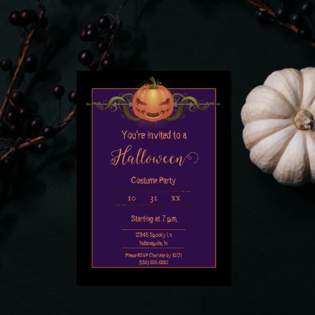 Invitation Halloween Jack-o-lanterne effrayant | Noir (Black Scary Jack-o-Lantern Halloween Party Invite)