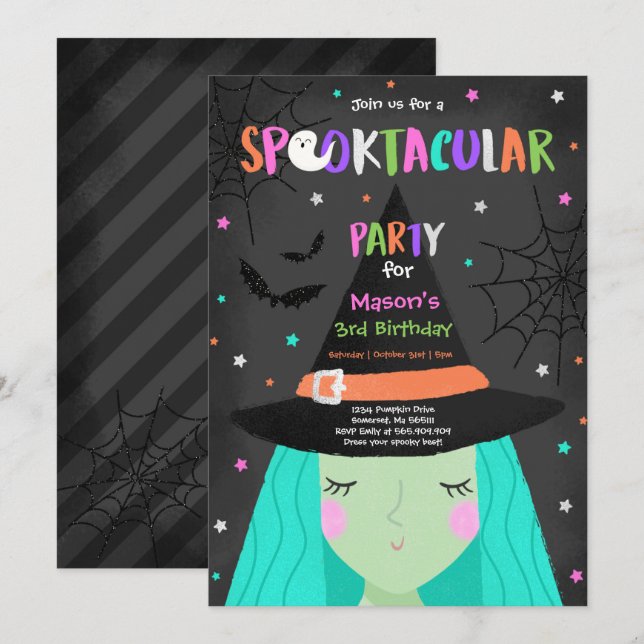Invitation Halloween jolie sorcière Anniversaire fête Spookta (Devant / Derrière)
