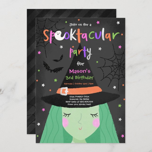 Invitation Halloween jolie sorcière Anniversaire fête Spookta (Devant / Derrière)