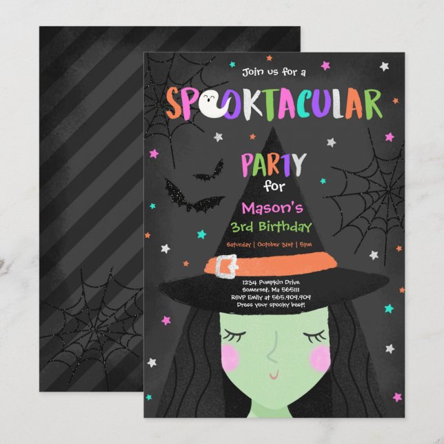 Invitation Halloween jolie sorcière Anniversaire fête Spookta (Devant / Derrière)