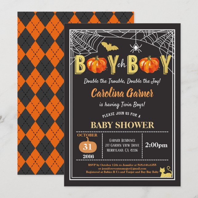 Invitation Halloween jumeaux bébé garçon douche citrouille or (Devant / Derrière)