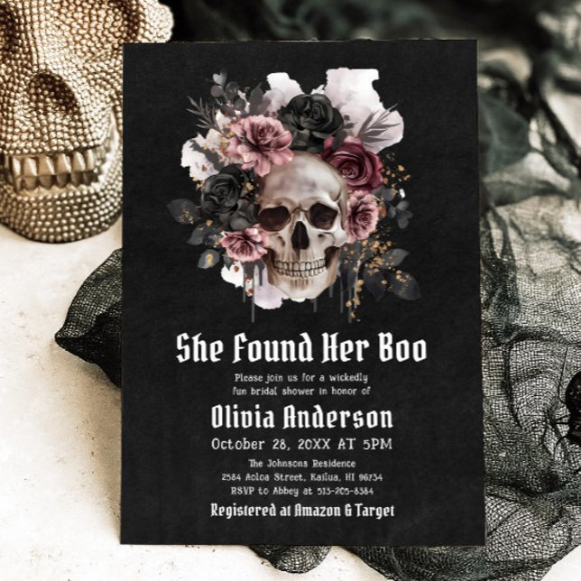 Invitation Halloween Le Crâne Elle A Trouvé Sa Fête des marié (Halloween Skull She Found Her Boo Bridal Shower Invitation)