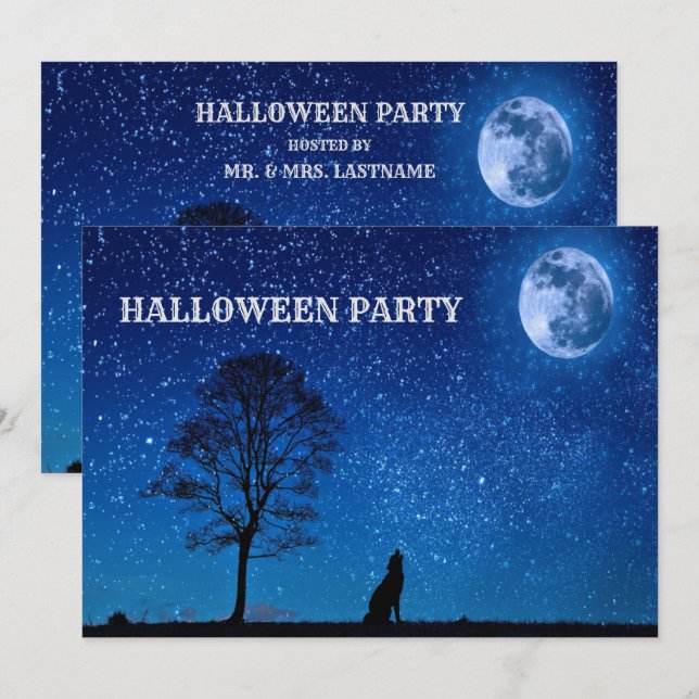 Invitation Halloween Loup Noir Arbre Marine Bleu Pleine lune (Devant / Derrière)