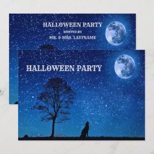 Invitation Halloween Loup Noir Arbre Marine Bleu Pleine lune