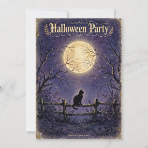 Invitation Halloween Lune Clair de Lune Chat Noir