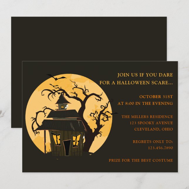 Invitation Halloween Lune et Haunted House Halloween (Devant / Derrière)
