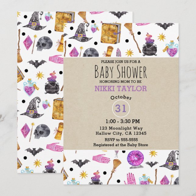 Invitation Halloween magique Aquarelle Baby shower lunaire (Devant / Derrière)