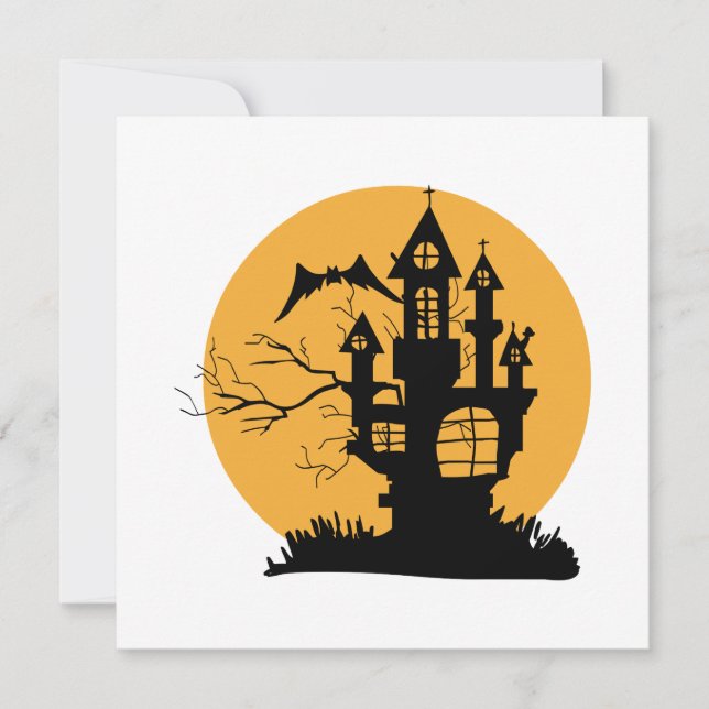 Invitation Halloween Maison hantée orange et noire (Devant)