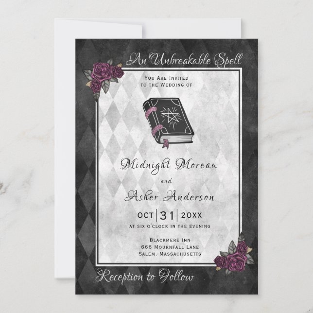 Invitation Halloween Mariage Spell Book Grimoire Rose Noir (Devant)