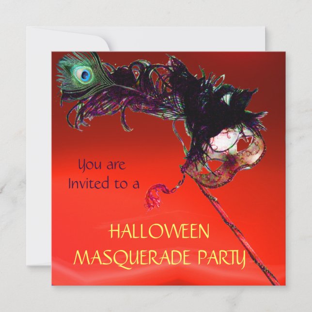 Invitation HALLOWEEN MASQUERADE PARTY, Rouge Jaune Orange (Devant)