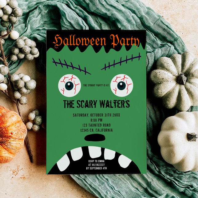 Invitation Halloween monstre vert eyball visage (Halloween green monster eyeball face party invitation)