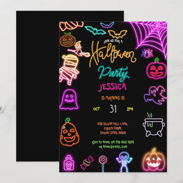 Invitation Halloween Neon Anniversaire de enfant Party Glow D (Devant / Derrière)