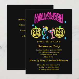 Invitation Halloween Neon Glow Look Citrouille Cocktail Party