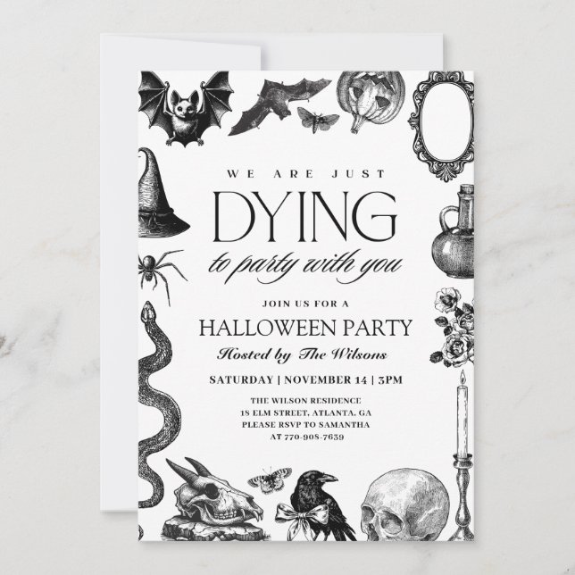 Invitation Halloween noir et blanc vintage (Devant)