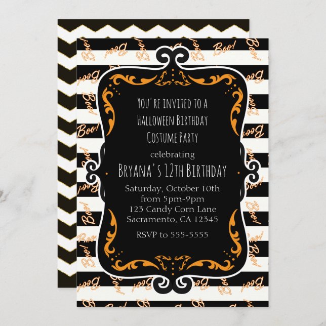 Invitation Halloween noir et orange blanc rayé (Devant / Derrière)