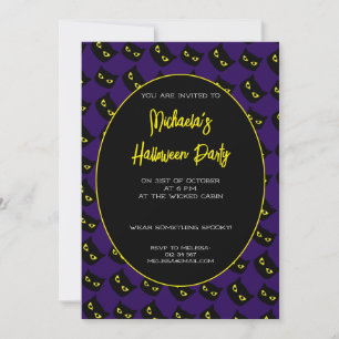 Invitation Halloween noir et violet chat yeux jaune motif