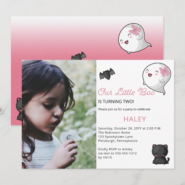 Invitation Halloween Notre Petit Boo Fille Fantôme 2e anniver (Devant / Derrière)