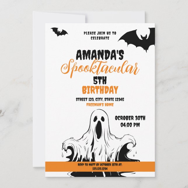 Invitation Halloween orange et blanc Fantôme d'horreur Annive (Devant)