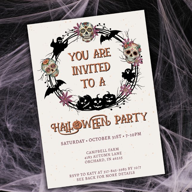 Invitation Halloween Partie Sugar Skcrâne Wreath (Créateur téléchargé)
