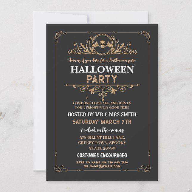 Invitation Halloween Party Bat Crâne noir cadre gothique (Devant)
