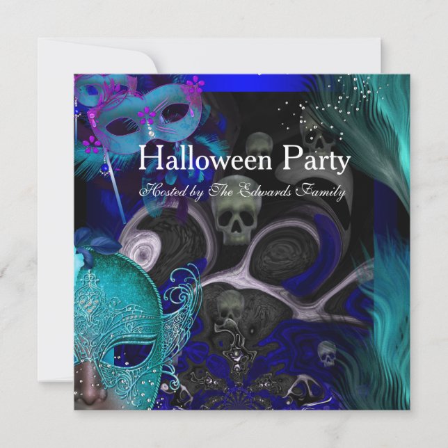 Invitation Halloween Party Blue Turquoise Masques Masquerade (Devant)