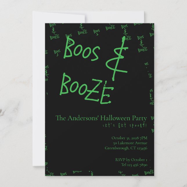 Invitation Halloween Party Boos and Booze Green Black (Devant)