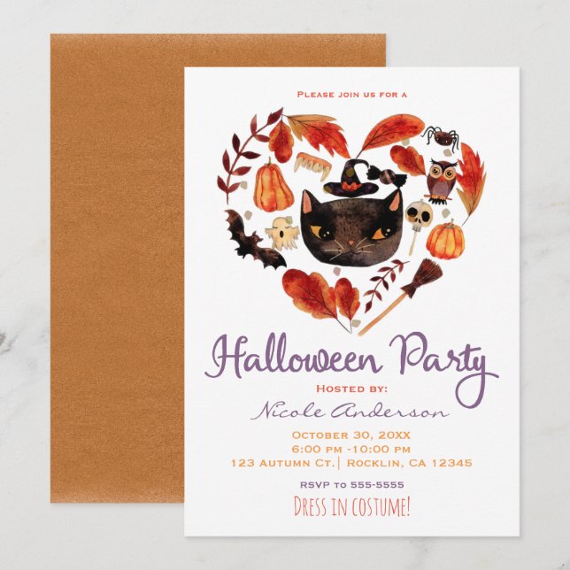 Invitation Halloween Party Chat noir Aquarelle Whimsical (Devant / Derrière)