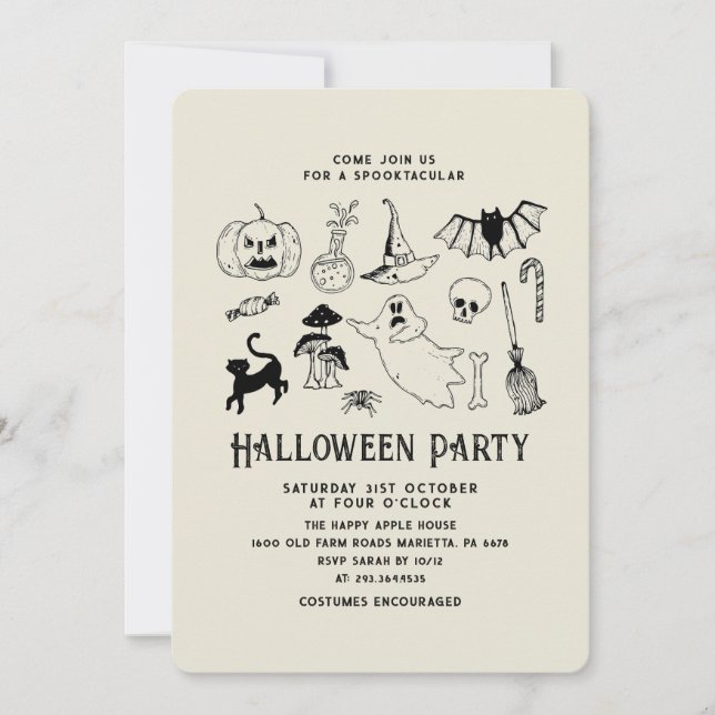 Invitation Halloween Party Fantôme noir chat chauve (Devant)