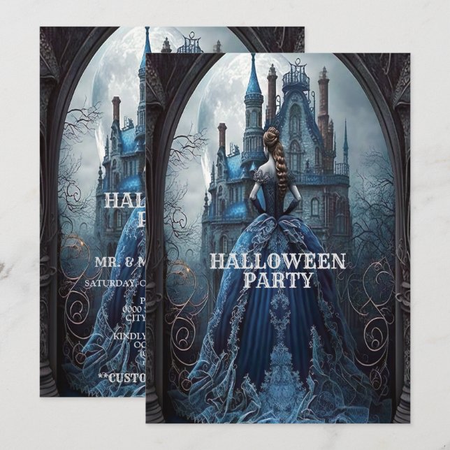Invitation Halloween Party Haunted Maison Bleue Nuit Effrayan (Devant / Derrière)