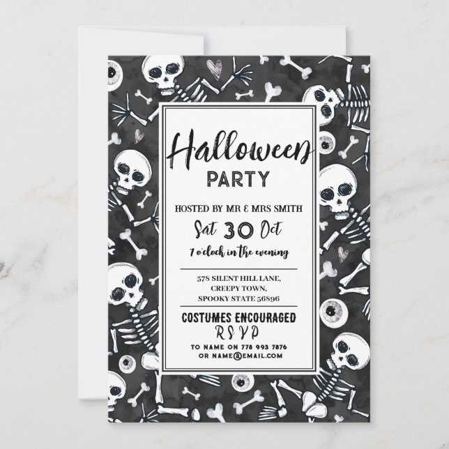 Invitation Halloween Party Haunted Skeltons noir blanc (Devant)
