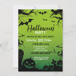 Invitation Halloween Party Haunted Woods Bats Green