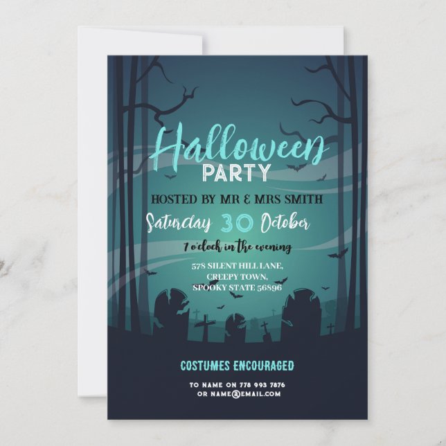 Invitation Halloween Party Haunted Woods Bats Green Invitati (Devant)