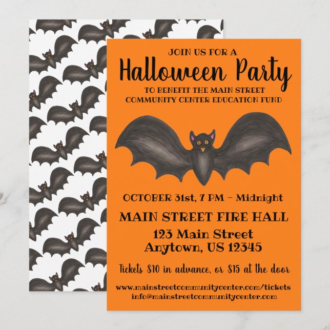 Invitation Halloween Party Orange Black Bat Trick or Treat (Devant / Derrière)