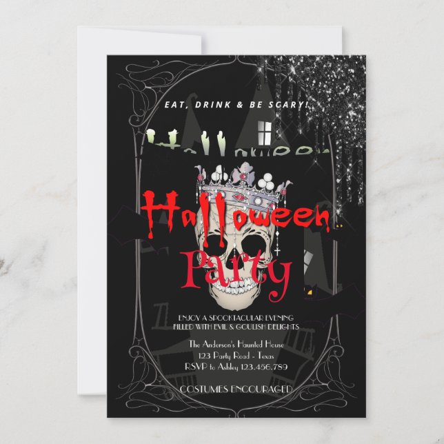 Invitation Halloween Party Vintage gothique crâne d'argent (Devant)