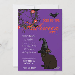 Invitation Halloween Personnalisé Whimsical Funny Chat Purple