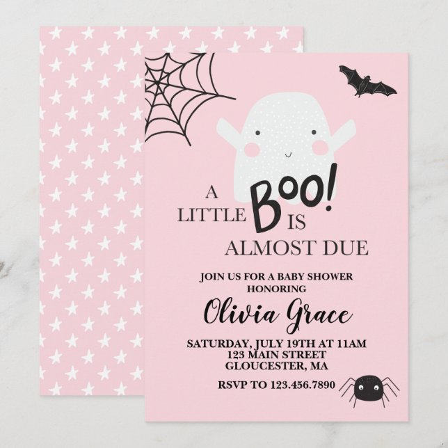 Invitation Halloween Petit Baby shower Fantôme Boo Rose (Devant / Derrière)