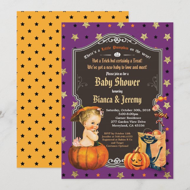 Invitation Halloween petite fille couples douche or violet (Devant / Derrière)