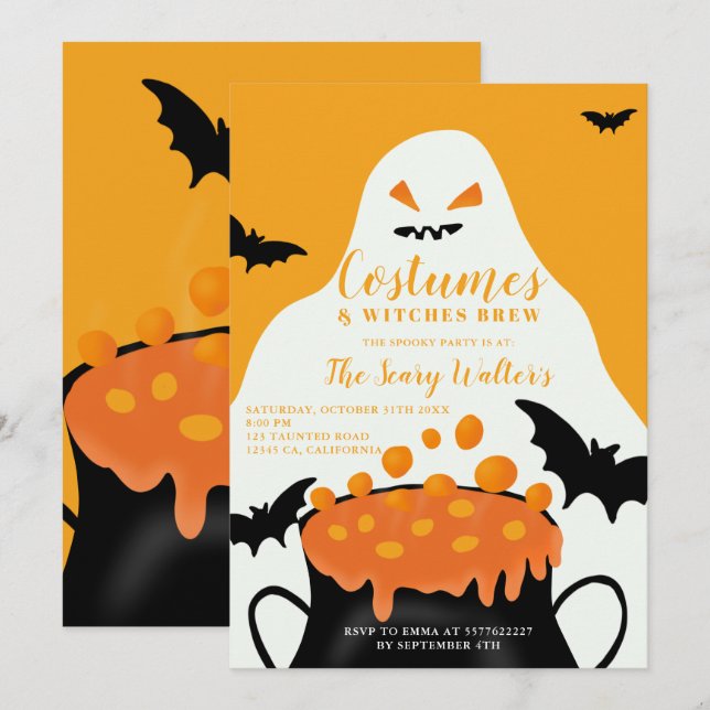Invitation Halloween potion orange fantômes costume fête (Devant / Derrière)