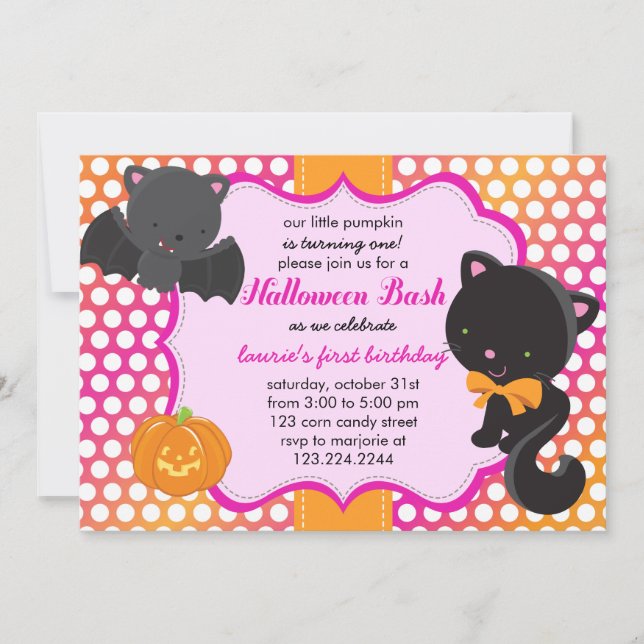 Invitation Halloween Premier anniversaire Little Bat, Cat & C (Devant)