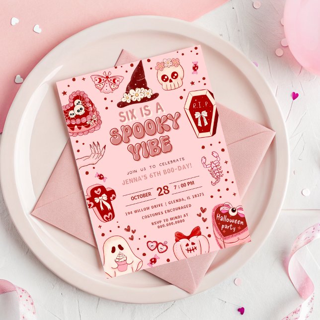 Invitation Halloween rose et rouge 6e anniversaire (Pink and Red Retro Halloween 6th Birthday Invitation - Six is a Vibe)