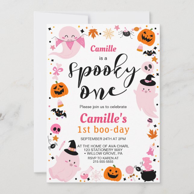 Invitation Halloween rose mignon fantôme Premier anniversaire (Devant)