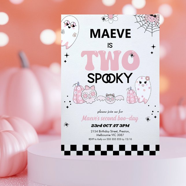 Invitation Halloween rose rétro Deux Éffrayant 2e anniversair (Two Spooky Birthday Invitation, Halloween 2nd Birthday Invitation Girl, Halloween Second Birthday )