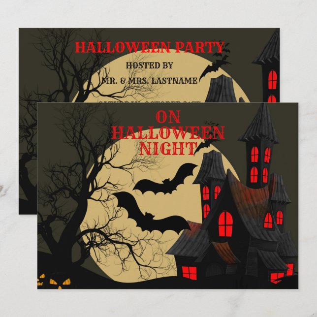 Invitation Halloween Rouge noir Haunted Maison Pleine lune ch (Devant / Derrière)