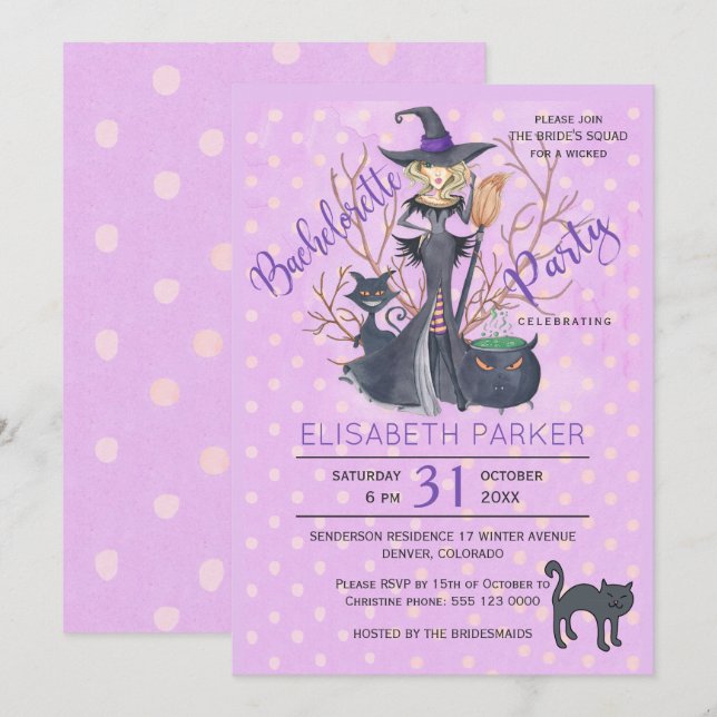 Invitation Halloween sorcière chats noirs fête de bachelorett (Devant / Derrière)