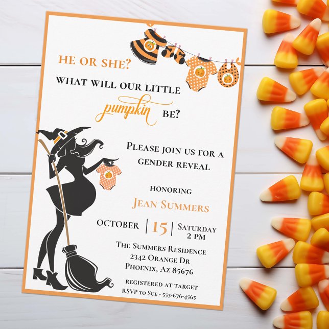 Invitation Halloween Sorcière Octobre Révélation de genre (Créateur téléchargé)